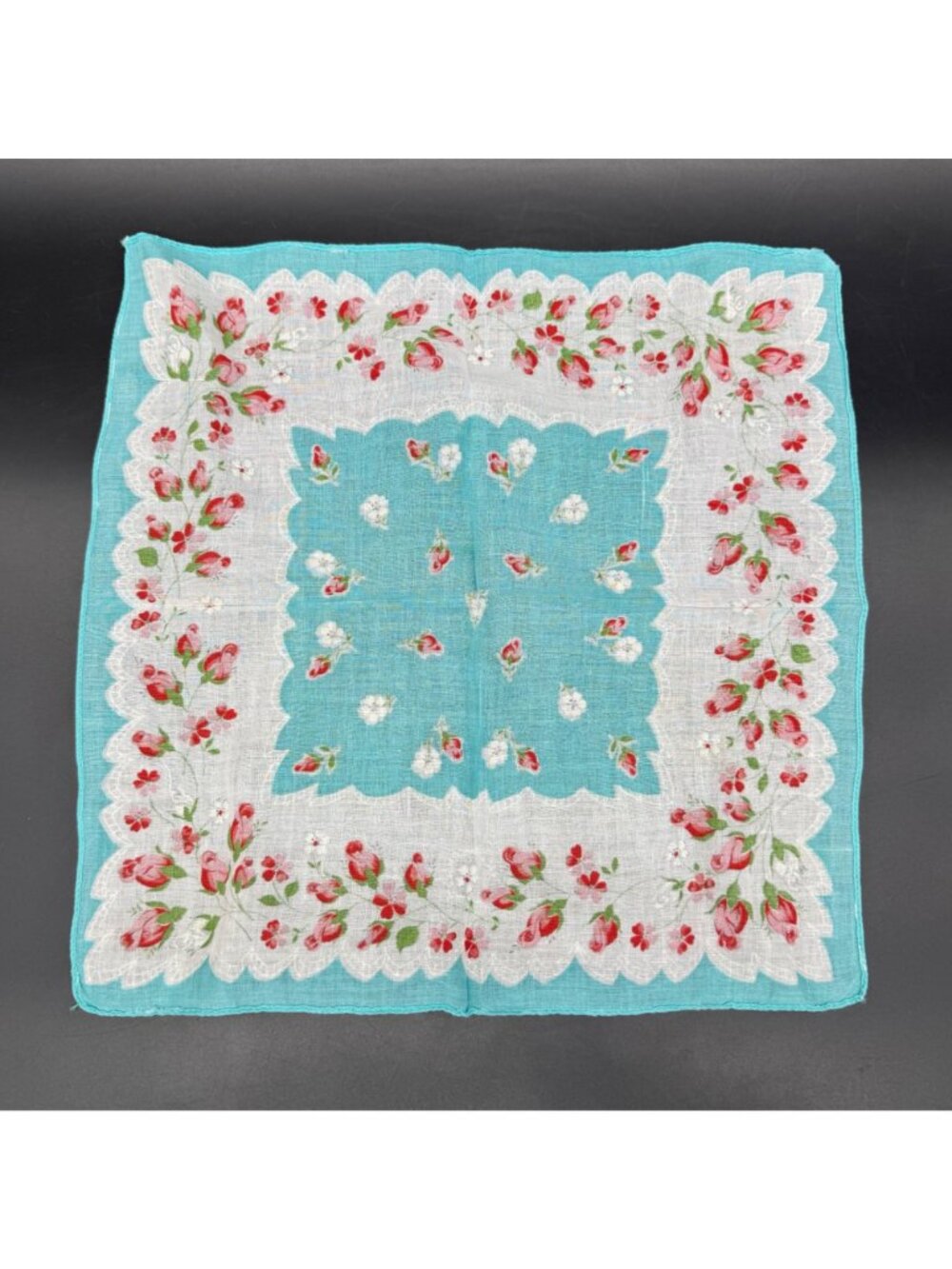 Vintage Floral Handkerchief Teal Red Pink Rose Flowers Cotton Hankie Mid Century - Picture 3 of 7